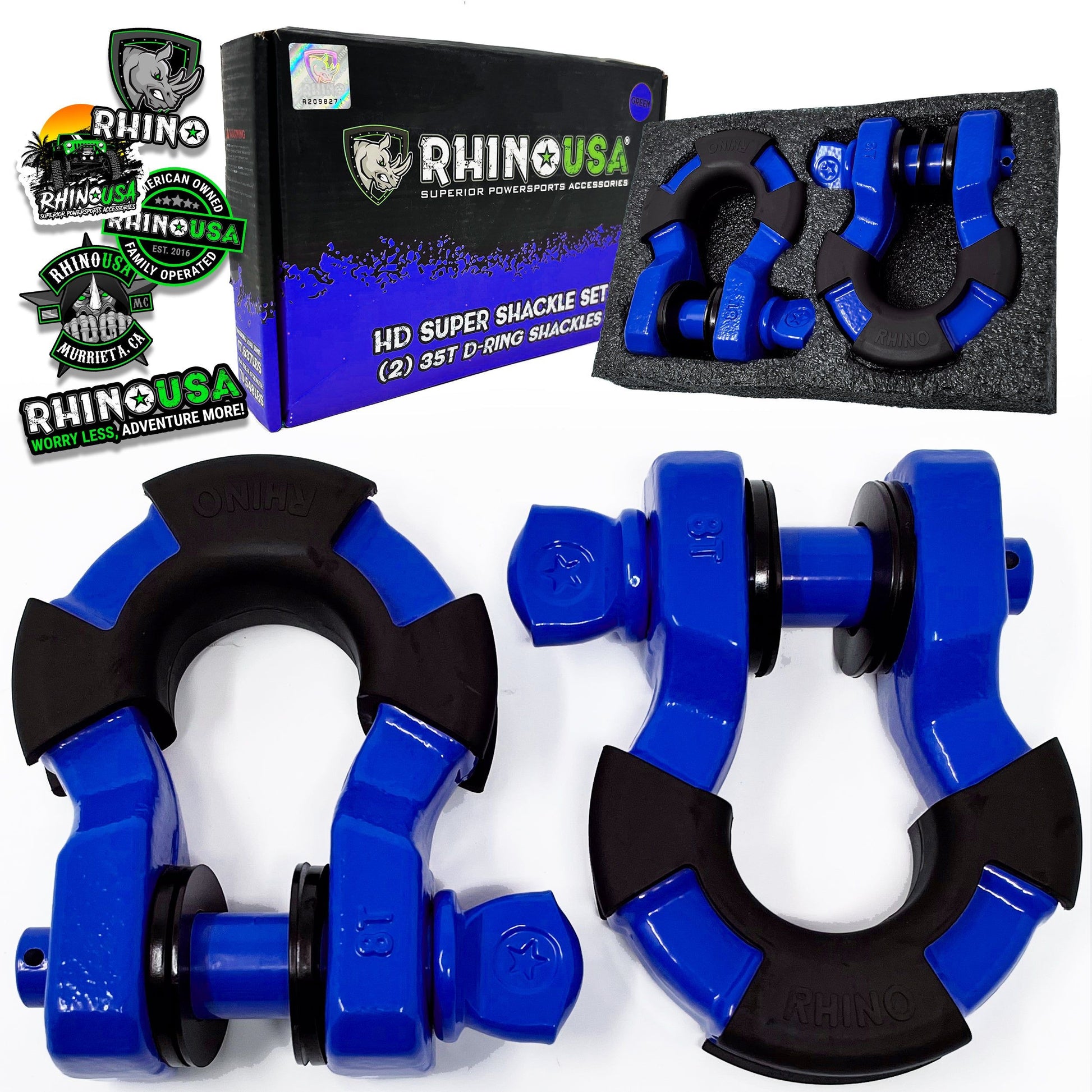 2 blue super shackles displayed with their packaging