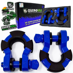 2 blue super shackles displayed with their packaging