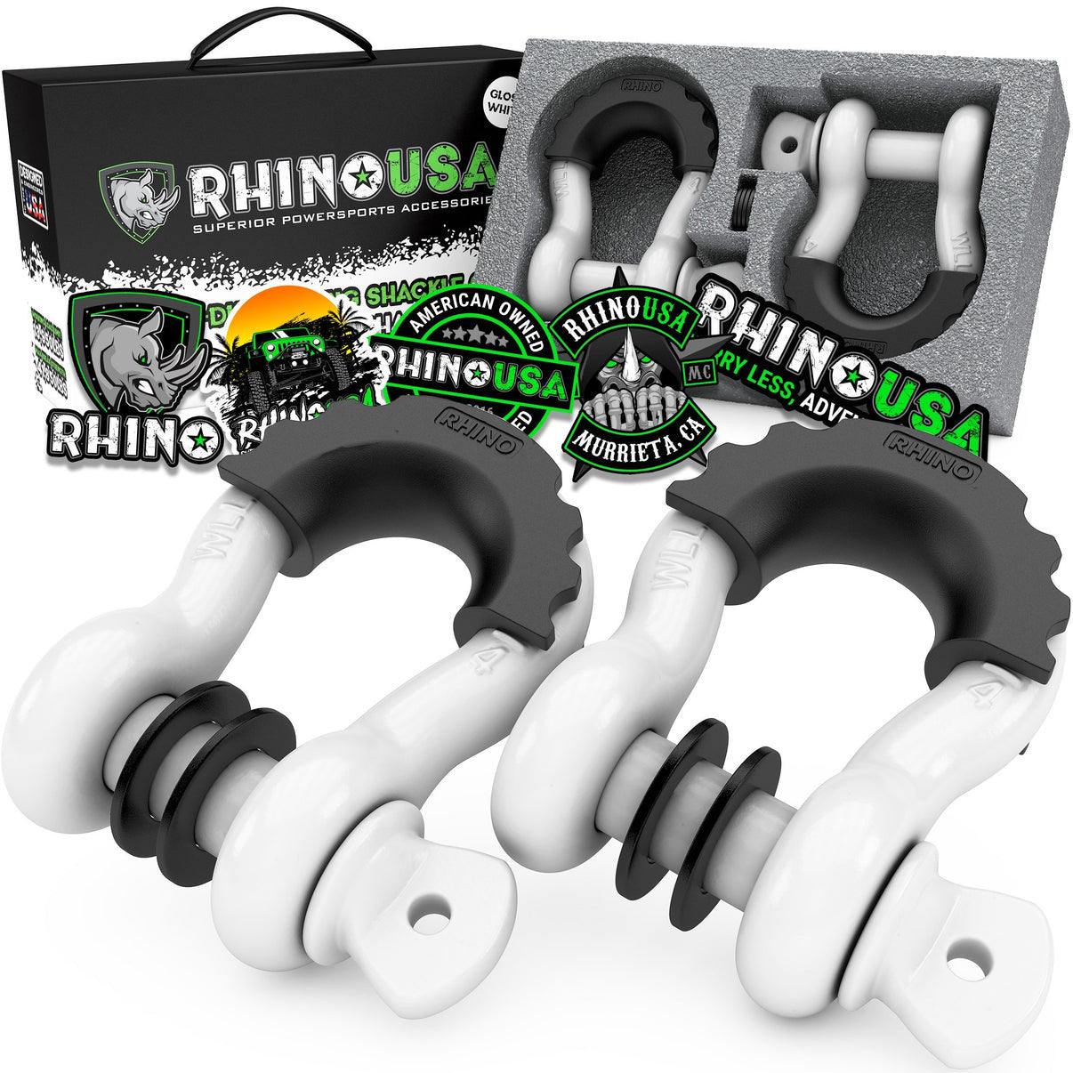 Rhino branded packaging with 2 white D-ring shackles